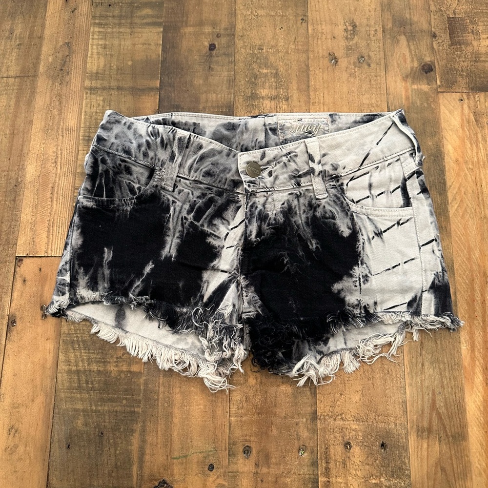 Siwy Black and Gray Tie Dye Jean Shorts with Distressed Hem